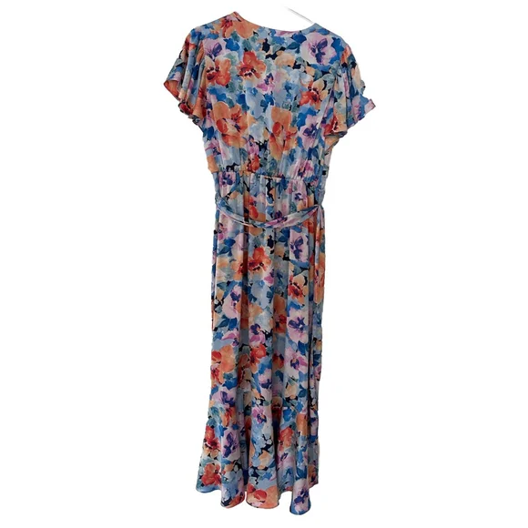 Nicole Miller Dress L Multicolor Floral Maxi Faux Wrap Ruffle Satin V-Neck Belt - Picture 3 of 7